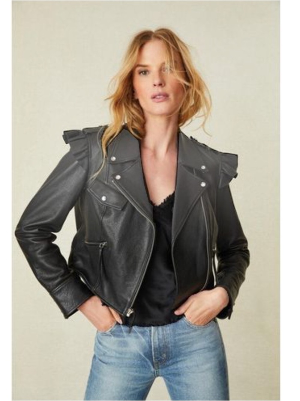 LOVESHACKFANCY Black Leather Ruffle-Shoulder Moto Jacket - Women